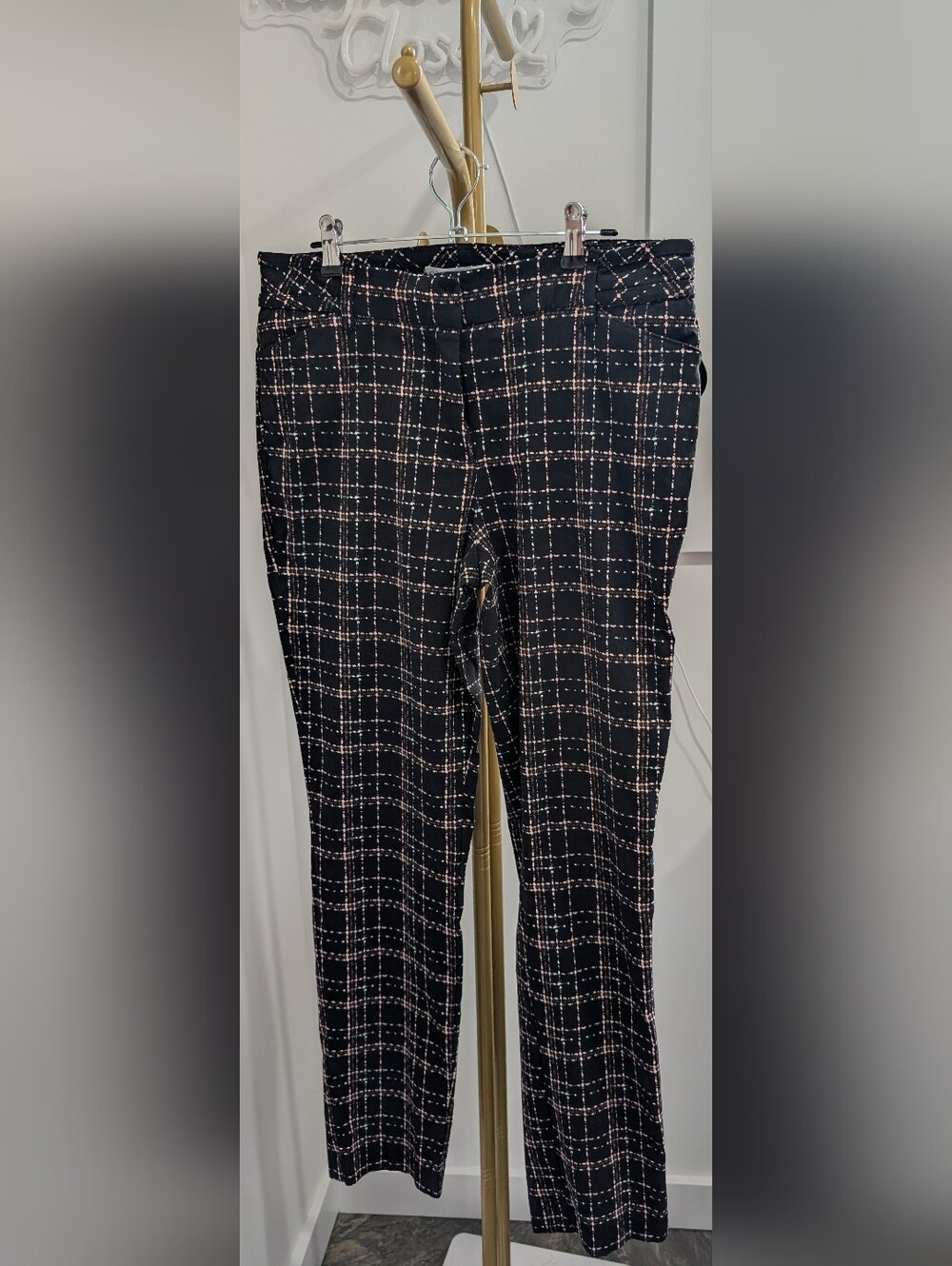 cleo Black Plaid Ponte Stretch Trousers with Pink Windowpane